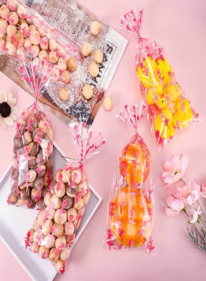 Fainne 100 Pieces Ballet Cellophane Goody Bags Ballet Girl Plastic Goody Bag Dancing Girls Transparent Candy Bags with 100 Pieces Silver Twist Ties for Ballet Theme Baby Shower Birthday Party Decors, Pink - Image 3
